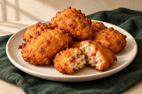 Golden irregular bean fritters, one opened to show its pale center with pepper and onion flecks