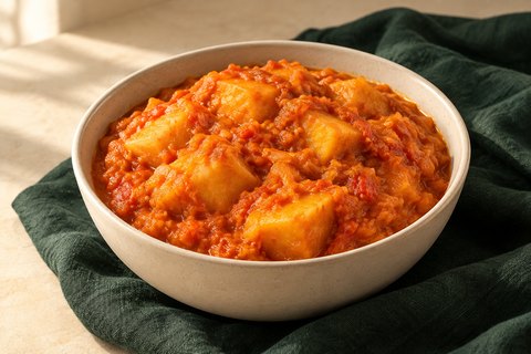 Orange yam porridge with partly mashed yam and soft chunks, without optional fish or spinach
