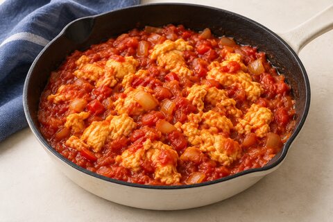 Golden egg curds in a chunky tomato and onion sauce