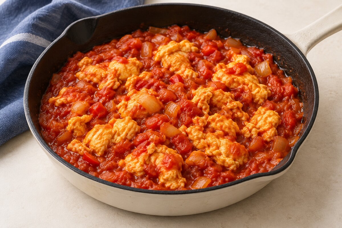 Golden egg curds in a chunky tomato and onion sauce