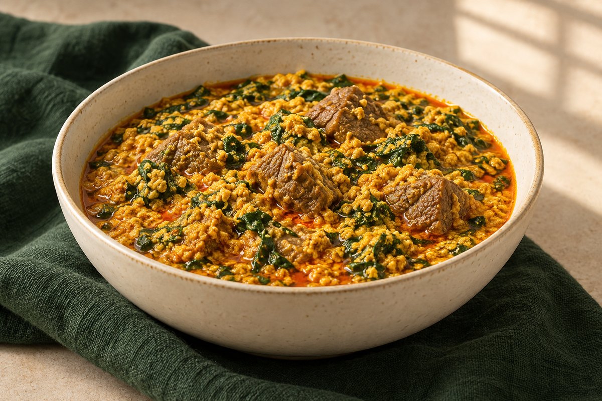 Golden egusi soup with small seed curds, cooked beef pieces and spinach