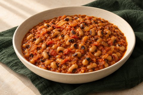 Black-eyed peas in a thick palm-oil, onion and pepper sauce
