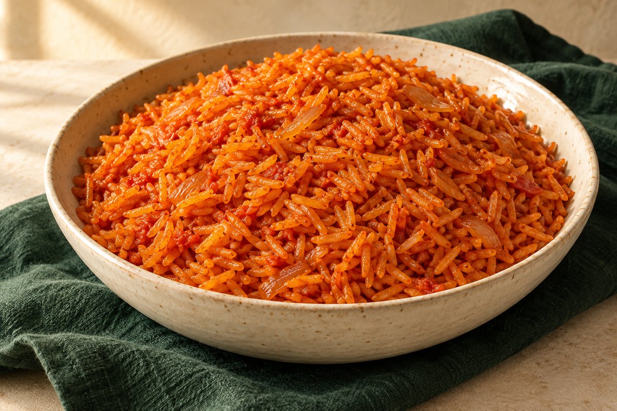 Orange-red long-grain jollof rice in an ivory bowl, without garnish