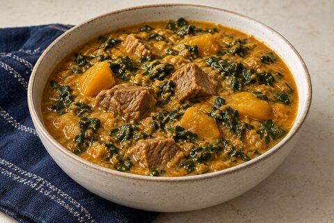 Pumpkin and groundnut stew with beef pieces and chopped spinach