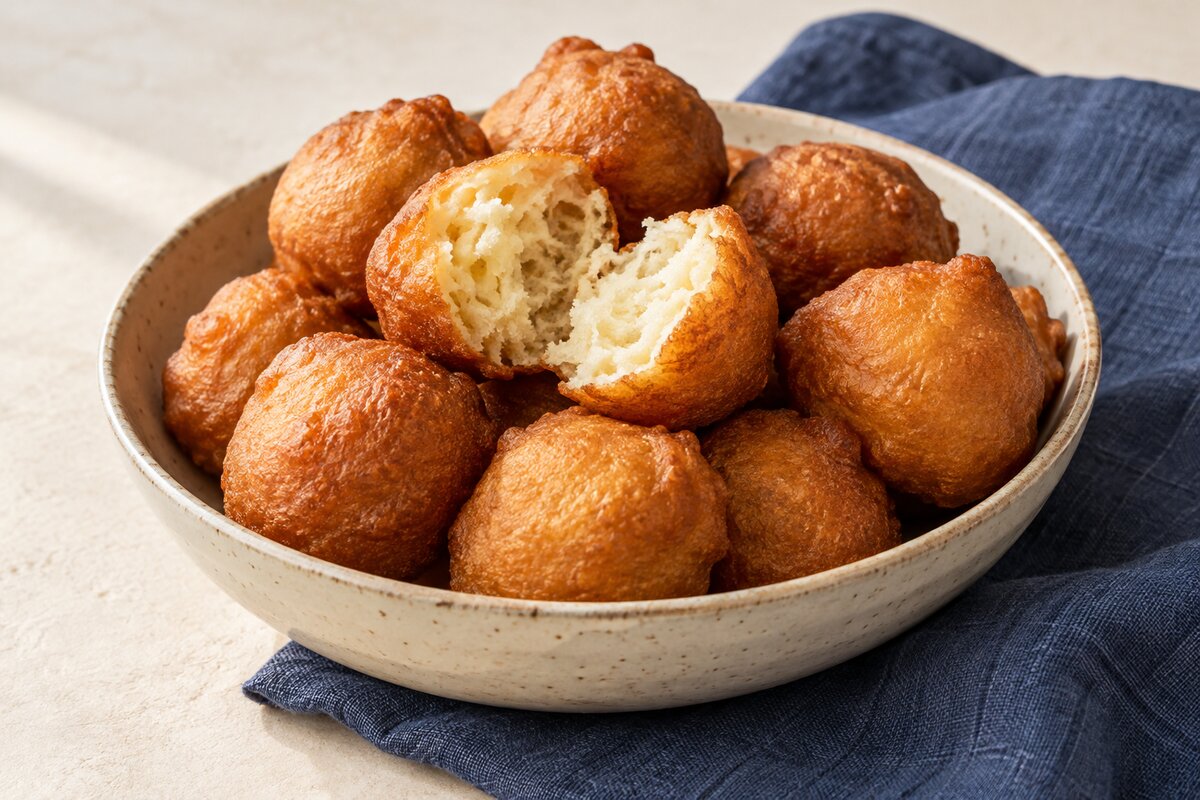Golden fried buns with one split open to show the tender crumb