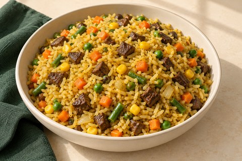 Golden rice with carrots, peas, corn, green beans and small dark beef-liver cubes