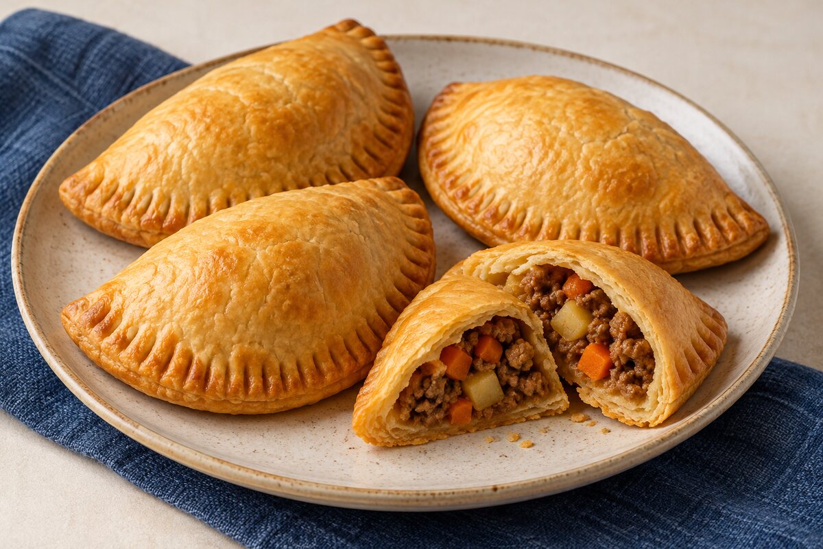Golden half-moon meat pies, one opened to show beef, potato and carrot