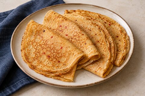 Thin golden pancakes folded on a plate with small flecks of chili