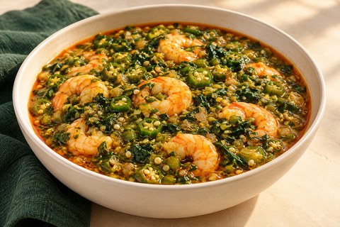 Finely chopped green okra with seeded rounds, cooked shrimp and spinach in a glossy palm-oil-tinted soup