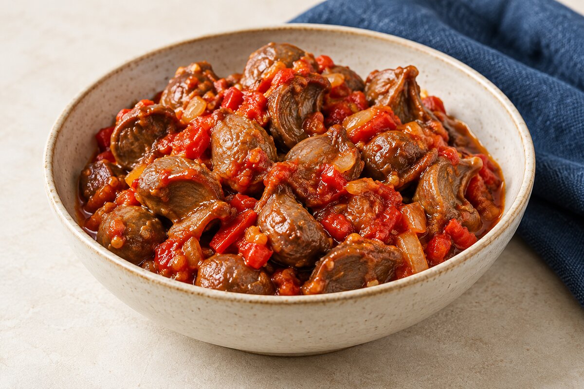 Browned chicken gizzards coated in a red pepper and onion sauce