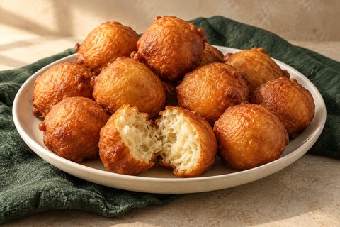 Golden fried yeast-dough balls, one split to show a pale airy center