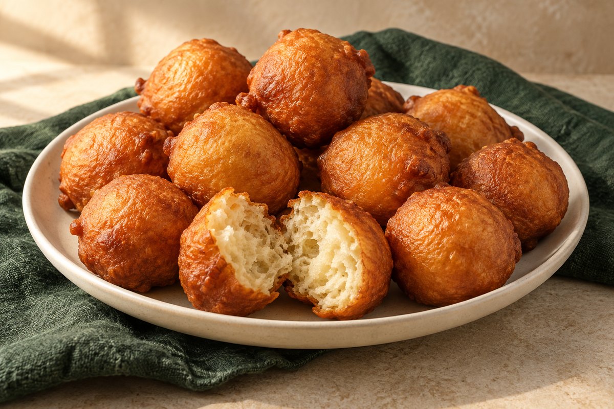 Golden fried yeast-dough balls, one split to show a pale airy center