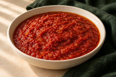 A thick red tomato stew base with onion flecks and a slight oil sheen